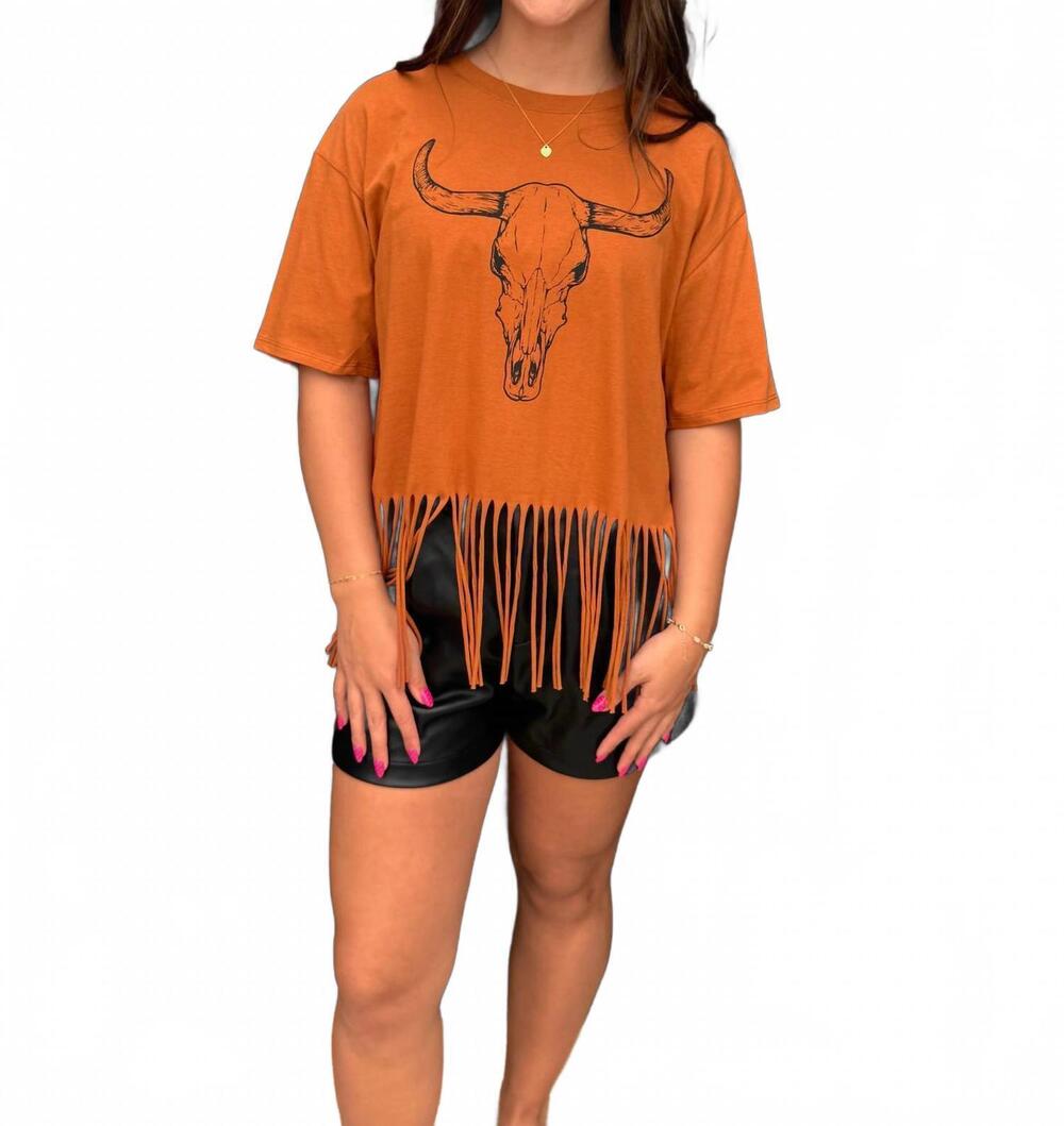 NEW ZUTTER longhorn fringe crop top in burnt orange